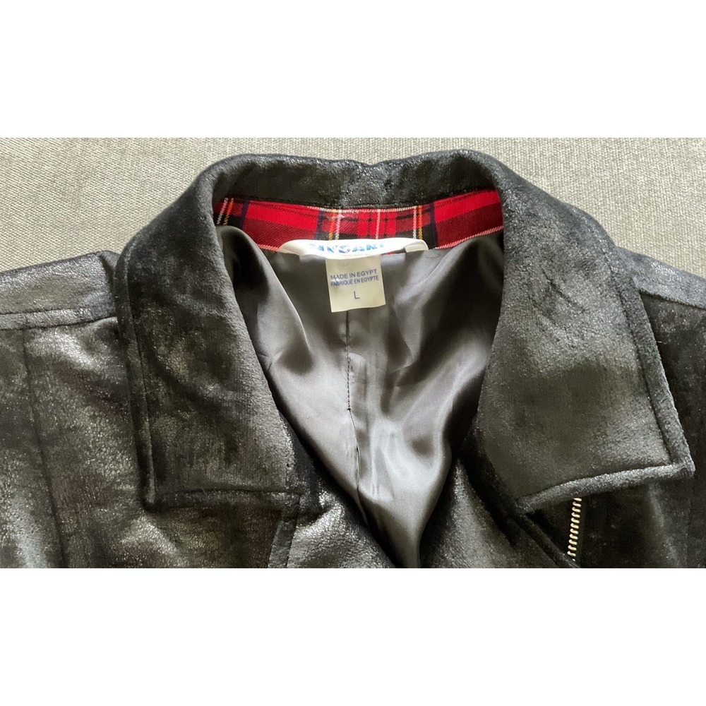Nygard Womens Black Faux Suede Moto Jacket Red Plaid Sleeves Size L Mixed Media - Picture 2 of 9